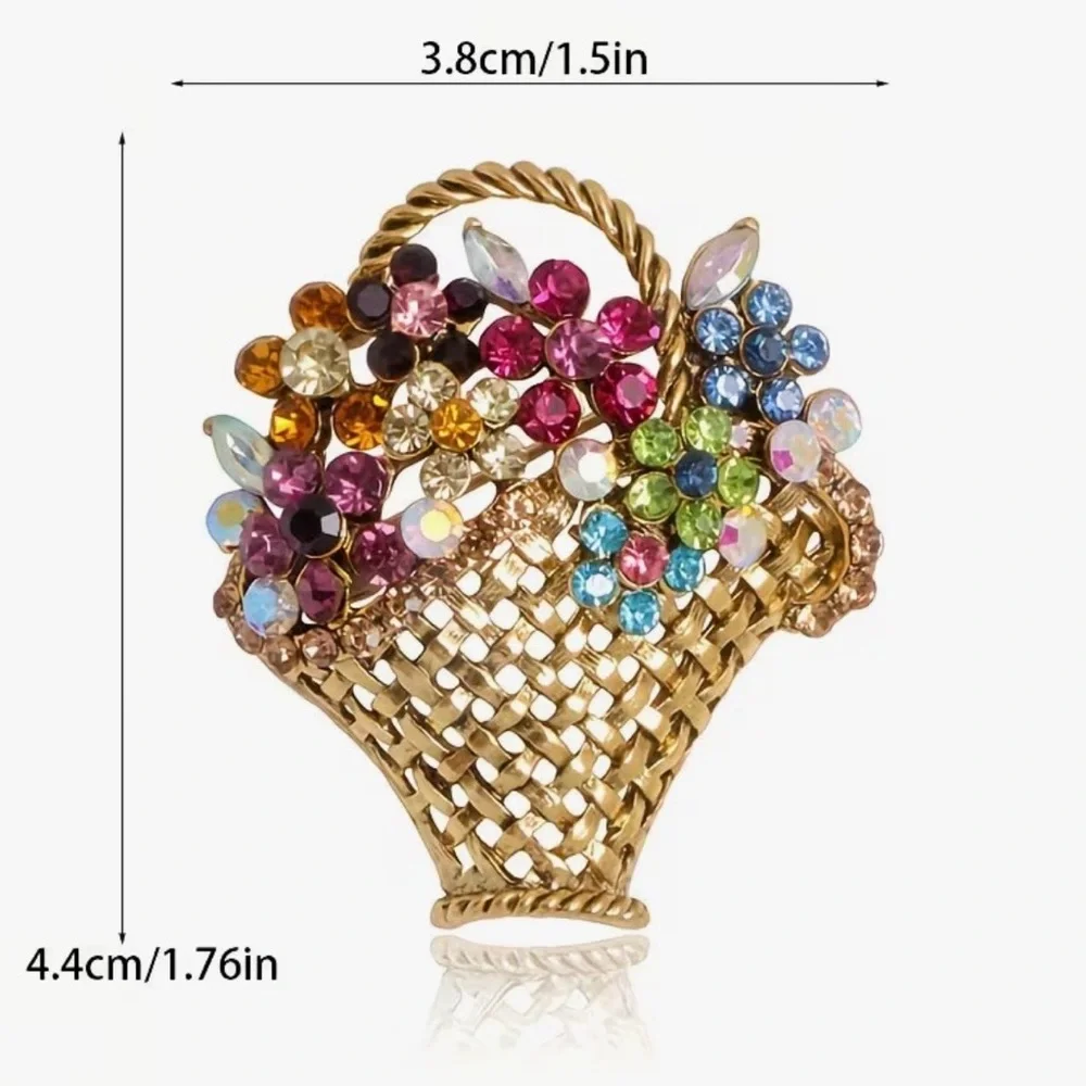 Colorful Vintage-inspired Rhinestone Flower Basket Brooch.